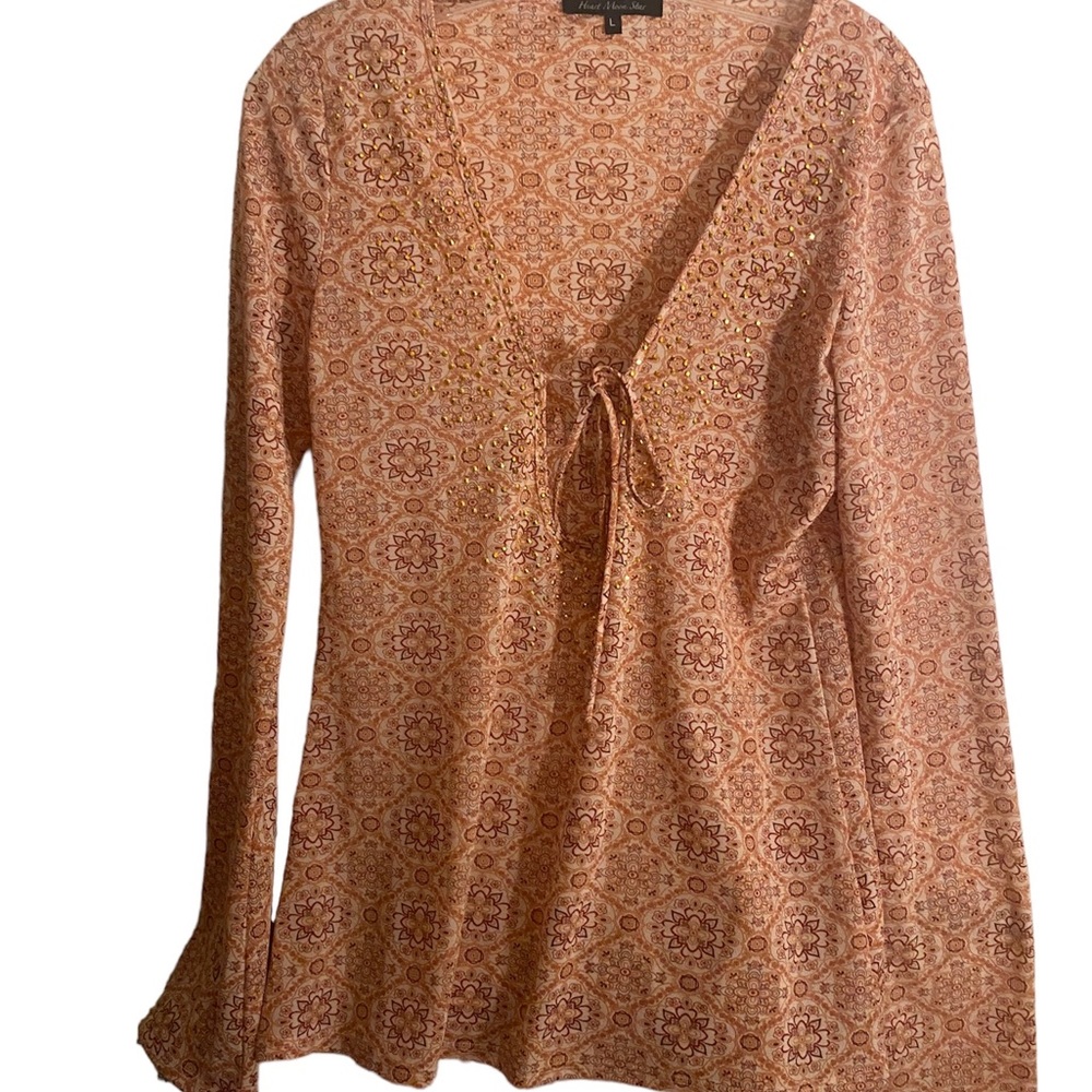 Heart Moon Star brand top with low-cut keyhole, neck that ties & sequenc…